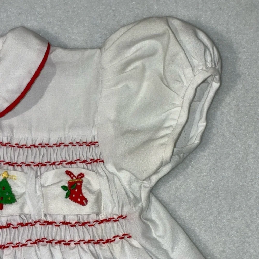 Vtg Imperial Smocked Christmas White & Red Dress Embroidered Ribbon 18mos
